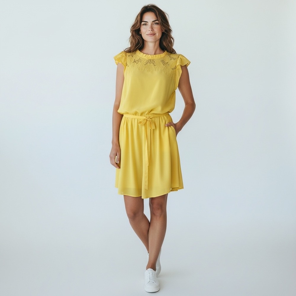 LOFT Yellow Eyelet Lace‎ Flutter Sleeve Belted A-Line Dress Medium